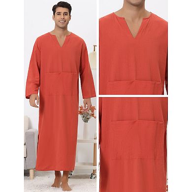 Nightgown For Men's Loose Fit Sleepwear Long Sleeves V Neck Comfy Nightshirts