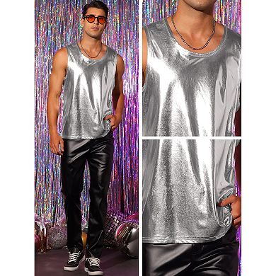 Metallic Tank Top For Men's Round Neck Shiny Party Sleeveless T-shirt Vest