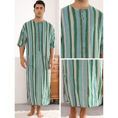 Striped Nightshirts For Men's Contrast Colors Short Sleeves Button Down Stripes Nightgown