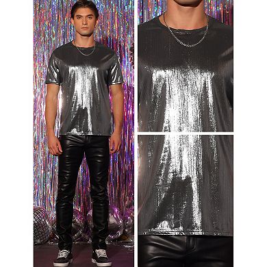 Shiny Shirts For Men's Crew Neck Short Sleeves Tops Metallic Party T-shirts