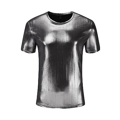 Shiny Shirts For Men's Crew Neck Short Sleeves Tops Metallic Party T-shirts