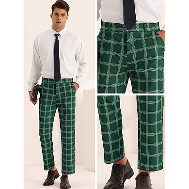 Plaid Dress Pants For Men's Slim Fit Flat Front Checked Chino Trousers