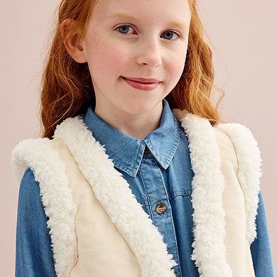 Girls 4-16 Self Esteem Sherpa Trim Vest & Long Sleeve Denim Tiered Dress