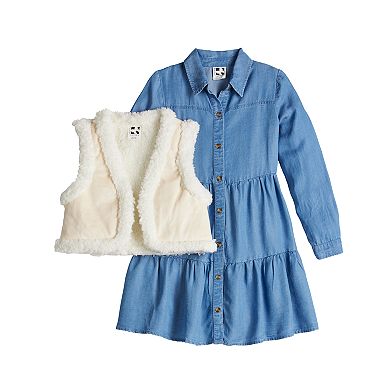 Girls 4-16 Self Esteem Sherpa Trim Vest & Long Sleeve Denim Tiered Dress