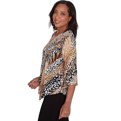 Petite Alfred Dunner Diagonal Animal Print Top With Detachable Necklace