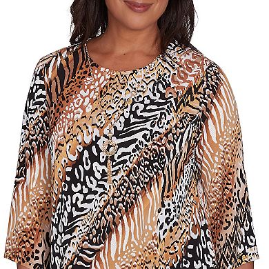 Petite Alfred Dunner Diagonal Animal Print Top With Detachable Necklace