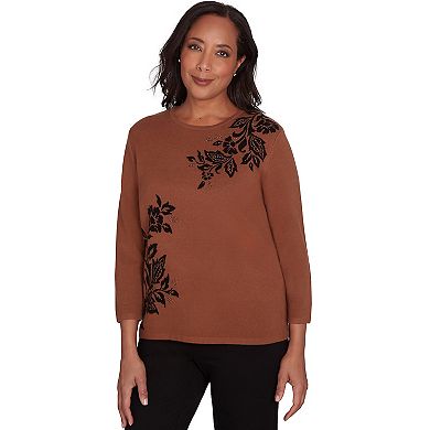 Petite Alfred Dunner Floral Embroidery Top With Three Quarter Sleeves