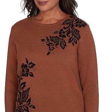 Petite Alfred Dunner Floral Embroidery Top With Three Quarter Sleeves