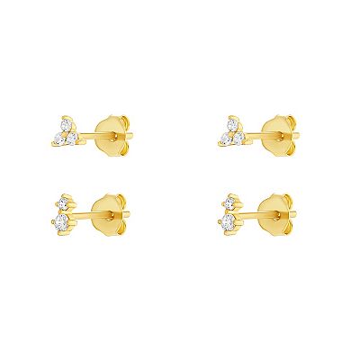 PRIMROSE 24k Gold over Sterling Silver Double Cubic Zirconia Stud Earrings & Triple Cubic Zirconia Stud Earrings Duo Set