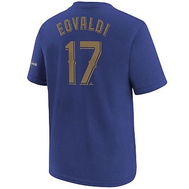 Youth Nike Nathan Eovaldi Blue Texas Rangers 2024 Gold Collection Name & Number T-Shirt