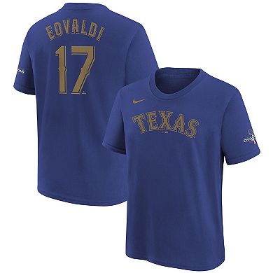 Youth Nike Nathan Eovaldi Blue Texas Rangers 2024 Gold Collection Name & Number T-Shirt