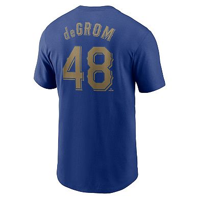 Men's Nike Jacob deGrom Royal Texas Rangers 2024 Gold Collection Name & Number T-Shirt