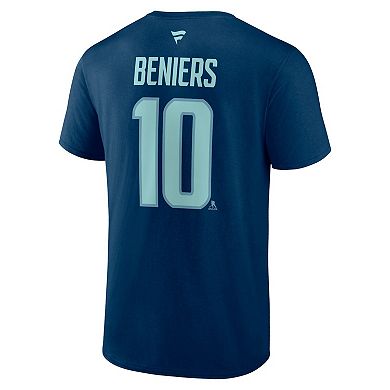 Men's Fanatics Branded Matty Beniers Deep Sea Blue Seattle Kraken Authentic Stack Name & Number T-Shirt