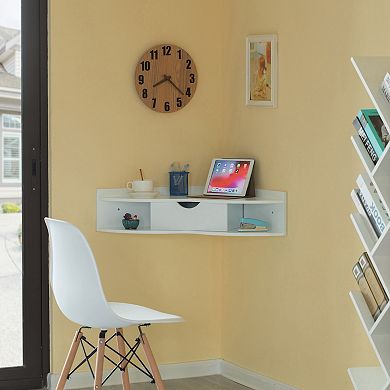 Corner Desk Heart Shaped Wall Mounted Office Table With Drawer And Two Shelves