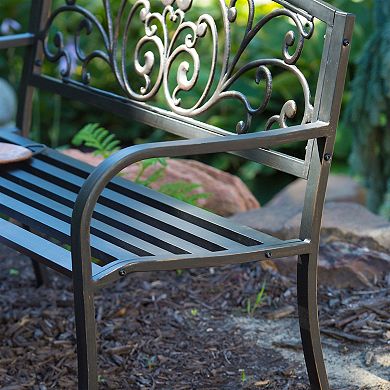 Curved Metal Garden Bench With Heart Pattern In Black Antique Bronze Finish