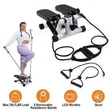 Grey, Mini Fitness Stepper For Exercise With Lcd Monitor And Resistance Bands