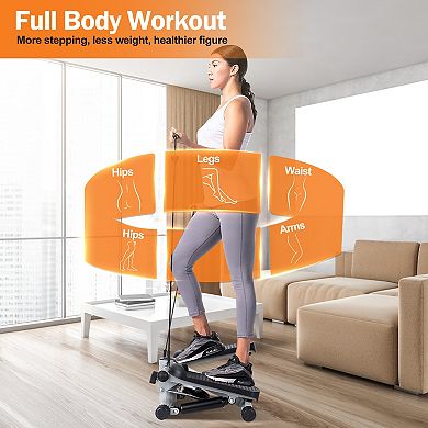 Grey, Mini Fitness Stepper For Exercise With Lcd Monitor And Resistance Bands