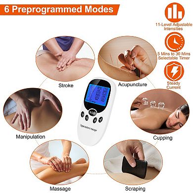 White, Dual Channels Electric Muscle Stimulator With Electrode Pads And Wires