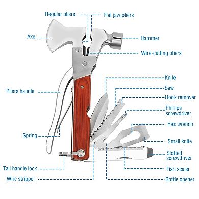 7'', Red, Folding Multifunctional Axe Hammer Plier Knife Outdoor Survival Tool
