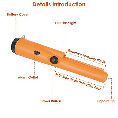 Orange, Handheld Pinpointer Metal Detector With Holster And Retractable Hanging Wire