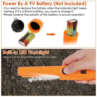 Orange, Handheld Pinpointer Metal Detector With Holster And Retractable Hanging Wire