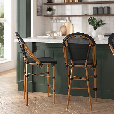 Merrick Lane Mael Set Of Two Stacking French Bistro Style Counter Stools With Textilene Backs