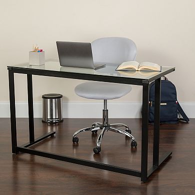 Emma And Oliver Glass Top Desk With Pedestal Metal Frame - Home Office Furniture