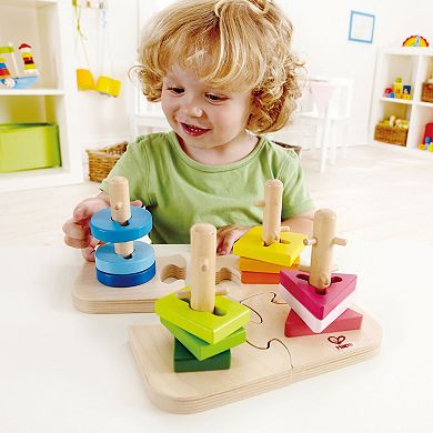 Hape Creative 16-Piece Wooden Stacking Shape Puzzle Toy
