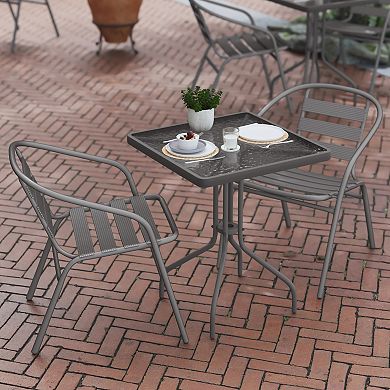 Flash Furniture Lila 23.5'' Square Glass Top Metal Table with 2 Bronze Aluminum Slat Stack Chairs