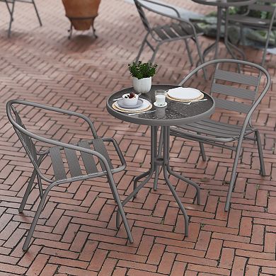 Flash Furniture Lila 23.75'' Round Glass Top Metal Table with 2 Silver Aluminum Slat Stack Chairs