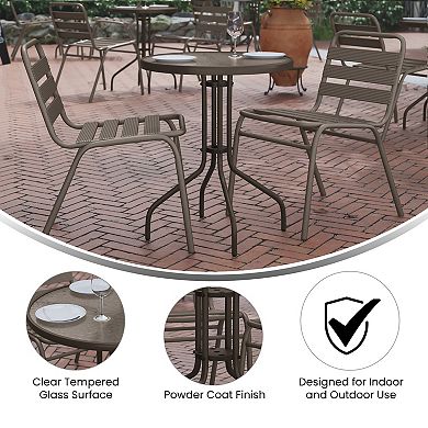 Flash Furniture Lila 23.75'' Round Glass Top Metal Table with 2 Silver Aluminum Slat Stack Chairs