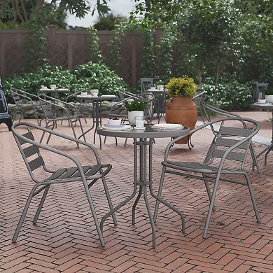 Flash Furniture Lila 23.75'' Round Glass Top Metal Table with 2 Silver Aluminum Slat Stack Chairs