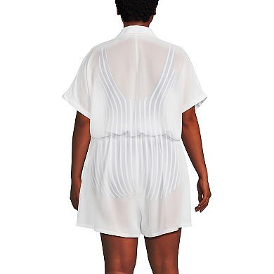 Plus Size Lands' End Relaxed Short Sleeve Button Front Swim Cover-Up Romper