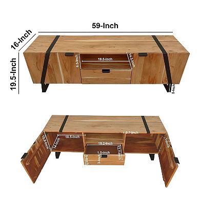 Aza 59 Inch Handcrafted TV Console with Drawer Natural Brown Acacia Wood Cabinet