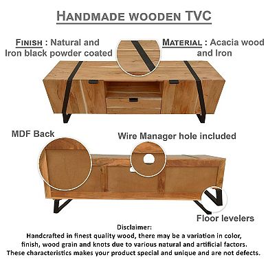 Aza 59 Inch Handcrafted TV Console with Drawer Natural Brown Acacia Wood Cabinet