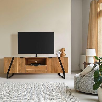 Aza 59 Inch Handcrafted TV Console with Drawer Natural Brown Acacia Wood Cabinet