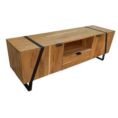 Aza 59 Inch Handcrafted TV Console with Drawer Natural Brown Acacia Wood Cabinet