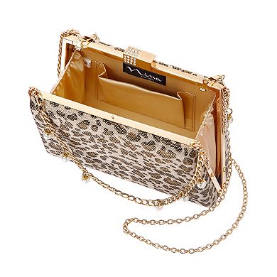 Touch of Nina Simulated Pearl Drop Chain Animal Print Clutch Bag