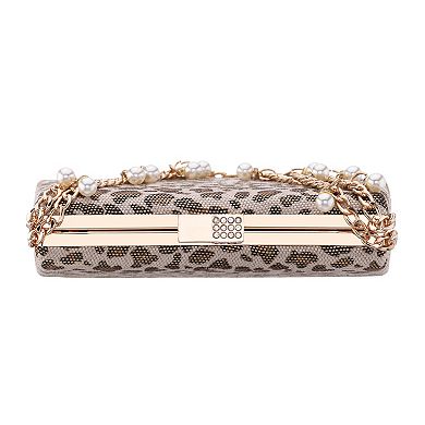 Touch of Nina Simulated Pearl Drop Chain Animal Print Clutch Bag