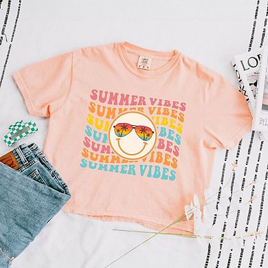 Summer Vibes Stacked Smiley Relaxed Fit Cropped Tee