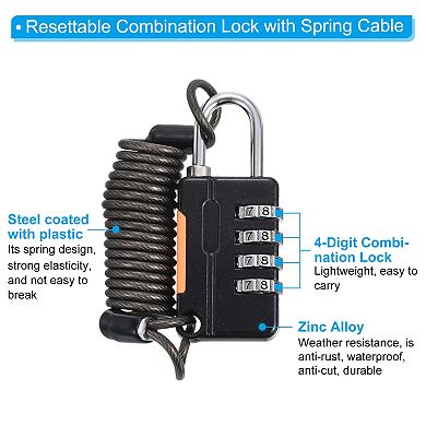 Luggage Cable Lock 4 Digit Combination Padlock With 3.3ft Spring Cable