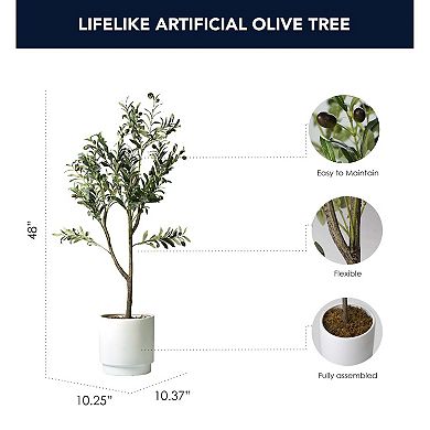 Botanica Home American Art Decor Artificial Olive Tree in White Ceramic Pot with Pedestal - 48"