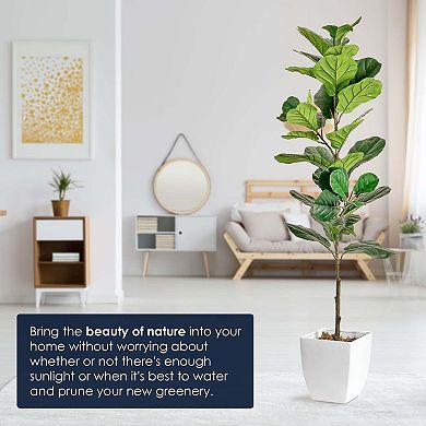 Botanica Home American Art Decor Artificial Fiddle Fig Tree in White Square Ceramic Pot - 60"