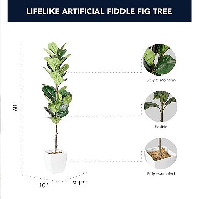 Botanica Home American Art Decor Artificial Fiddle Fig Tree in White Square Ceramic Pot - 60"