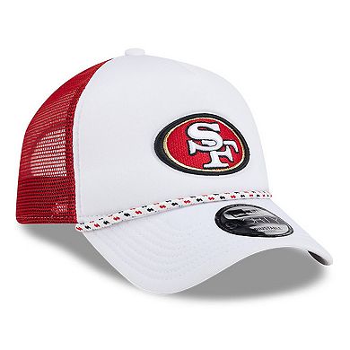 Men's New Era White/Scarlet San Francisco 49ers Court Sport Foam Front A-Frame 9FORTY Adjustable Trucker Hat