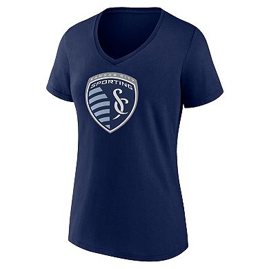 Women's Fanatics Branded Navy Sporting Kansas City Logo V-Neck T-Shirt