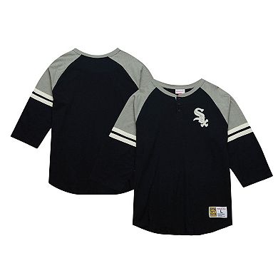 Men's Mitchell & Ness Black Chicago White Sox Cooperstown Collection Legendary Raglan Slub Henley 3/4-Sleeve T-Shirt