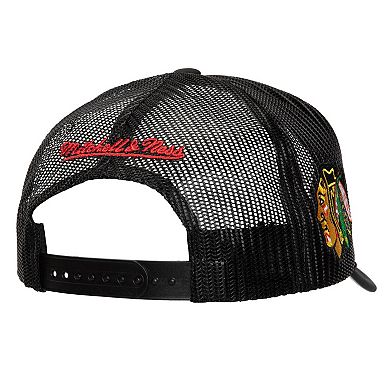 Men's Mitchell & Ness Black Chicago Blackhawks Script Side Patch Trucker Adjustable Hat