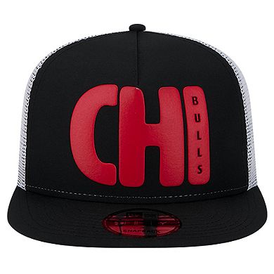 Men's New Era Black Chicago Bulls Puff Print Team Code A-Frame 9FIFTY Trucker Snapback Hat