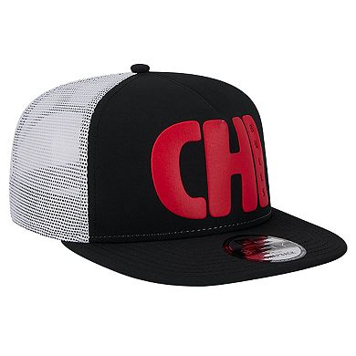 Men's New Era Black Chicago Bulls Puff Print Team Code A-Frame 9FIFTY Trucker Snapback Hat